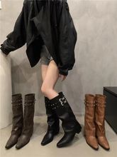 设计感美式辣妹复古铆钉骑士靴瘦瘦堆堆长靴秋冬小个子女靴子