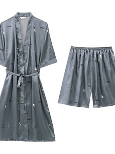 Summer Men's Nightgown Short-Sleeved Thin Sexy Ice Silk Bathrobe Silk Summer Mid-Length Home Clothes