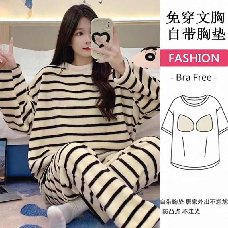Autumn and Winter Flannel Thickened Coral Velvet Sweet Korean Style Warm Women's Pajamas with Chest Pads, Loose-Fitting Home Wear Autumn and Winter Flannel Thickened Coral Velvet Sweet Korean Style Warm Women's Pajamas with Chest Pads, Loose-Fitting Home Wear