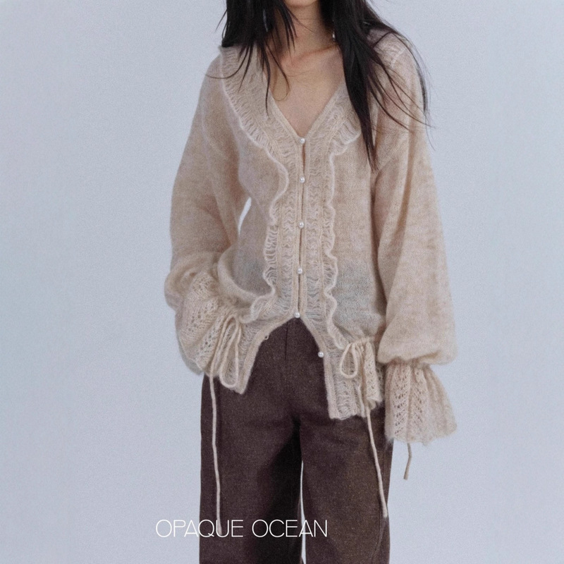 Oversized Mohair Wool Drawstring V Neck Pearl Button Thin Cardigan Sweater Oversized Mohair Wool Drawstring V Neck Pearl Button Thin Cardigan Sweater