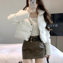 感PU皮衣白色棉服女小个子加厚保暖短款面包棉衣外套2025秋冬