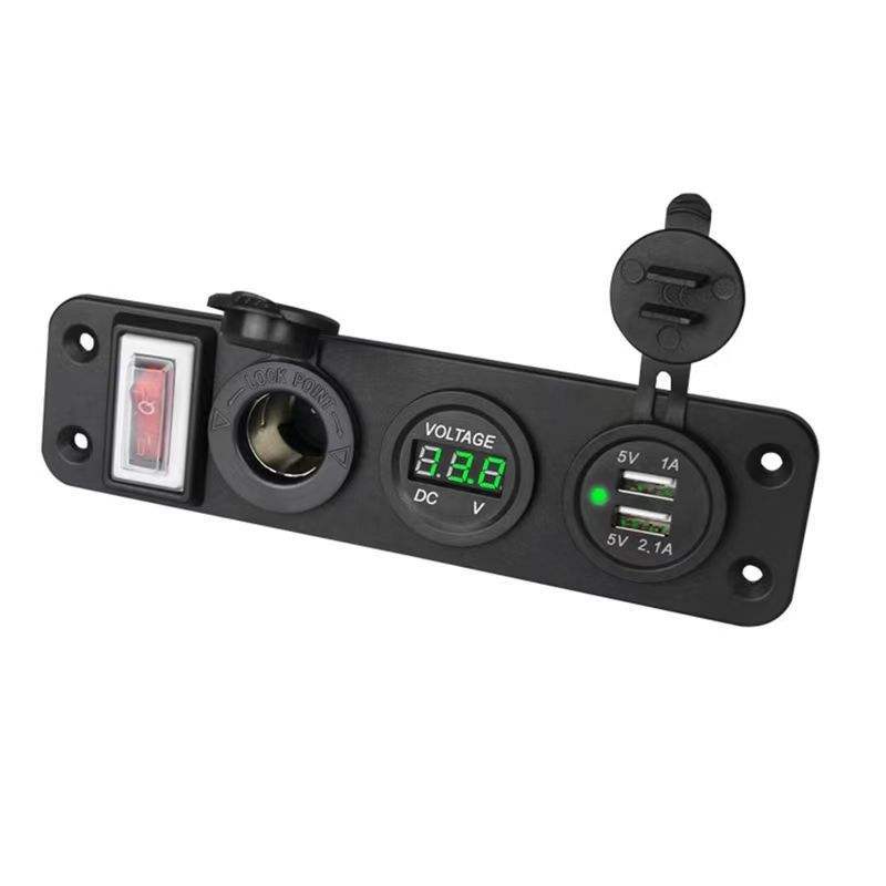 Cross-Border Car Charger with Switch, New 4-Port Panel Female Socket, Dual USB Phone Charging Dock, USB Charging Plug