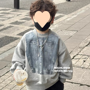 Boys' Denim Printing New Spring and Autumn Printing Round Neck Korean Style Explosions Children's Sweatshirt Children's Handsome Western Style Boys