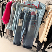 中大童小樱桃刺绣一体绒牛仔裤2025秋冬新款裤子潮