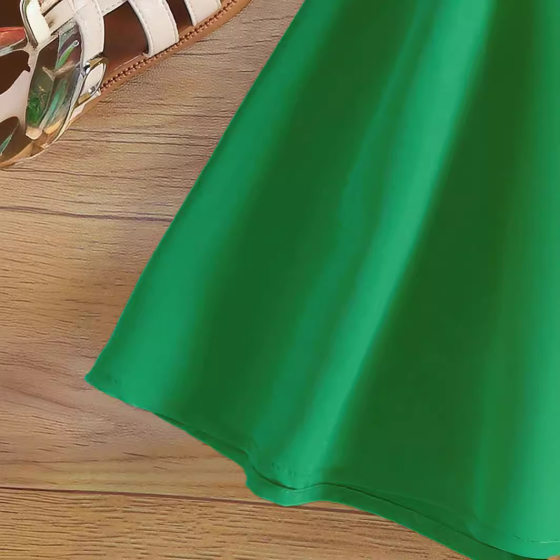 Children's Wear Girl's Big Boy Two-Piece Top Mesh Bow Decorative Green Skirt suit