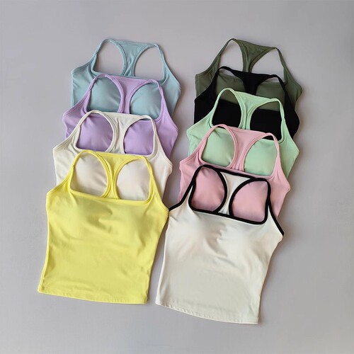 Color-blocking sports bra with stylish back design, skin-friendly, bare, Pilates fitness bra with thin straps, breathable, yoga backless top