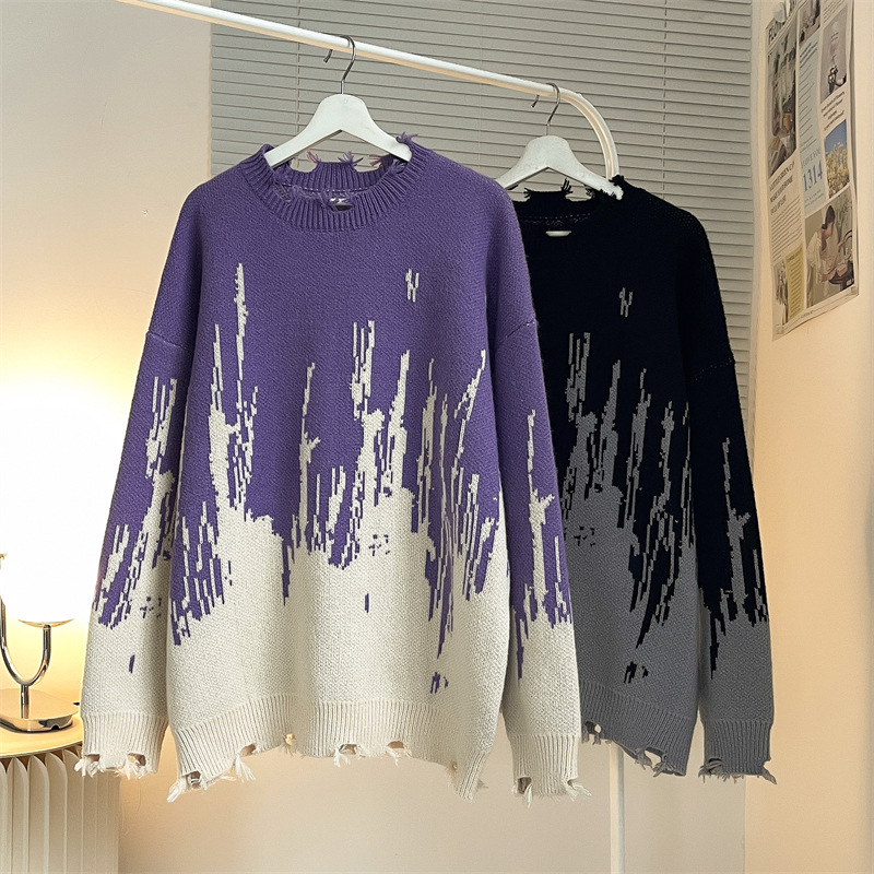Men's Clothing Boyfriend Style ​Vintage Knit Sweater Men's Oversized Loose Fit Retro Casual Pullover With Color Block Design - Black & Purple​_viptrois.com