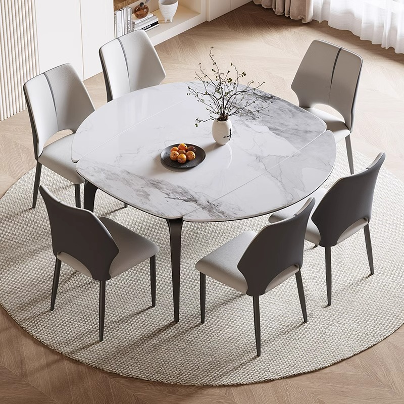 Mesa de comedor de tabla de roca retráctil de lujo ligera para hogares pequeños, simple y redonda, mesa de comedor plegable y silla combinada redonda