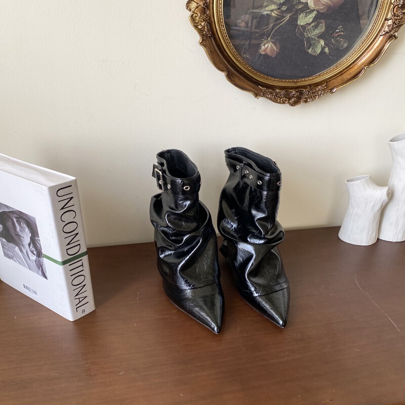 2025 New Autumn and Winter Pointed Toe Stiletto Mid-Heel Buckle Short Knight Boots Women's Denim Fashion Boots Trouser Boots