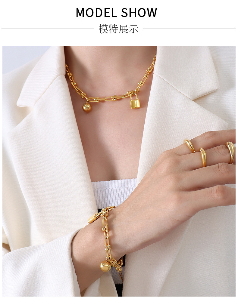 European and American lock round bead titanium steel 18k gold necklace bracelet