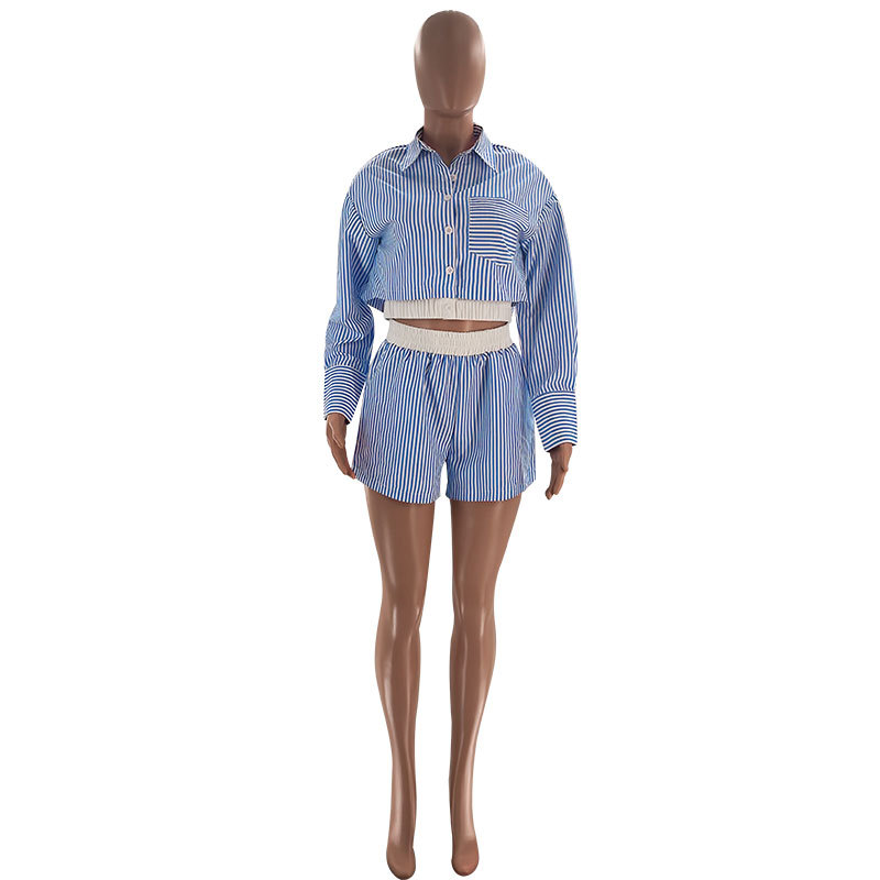 Striped Shirt Long Sleeve Ladies Two Piece Set Casual Elastic Waist Shorts Suit Summer