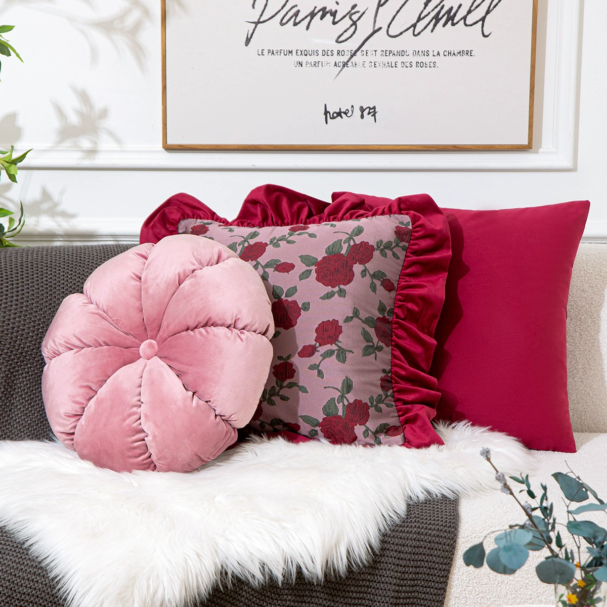 Pillow, retro pillowcase, burgundy sofa for bed, flowered
