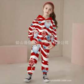 2026新款圣诞儿童连帽卫衣套装 3D数码印花卡通两件套 跨境女童休