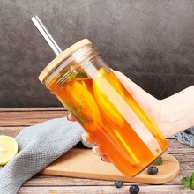 24oz玻璃梅森吸管竹盖水杯果汁饮料冷饮咖啡吸管杯带盖提醒喝水