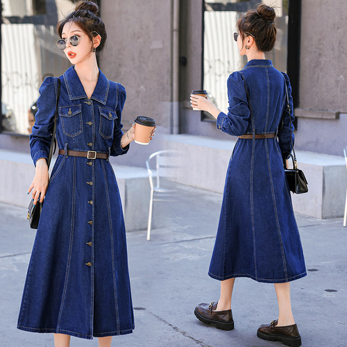 2025 Spring/Summer New Korean-Style Mid-Length Waist-Slimming Elegant A-Line Skirt, Slimming Shirt, Denim Dress for Women