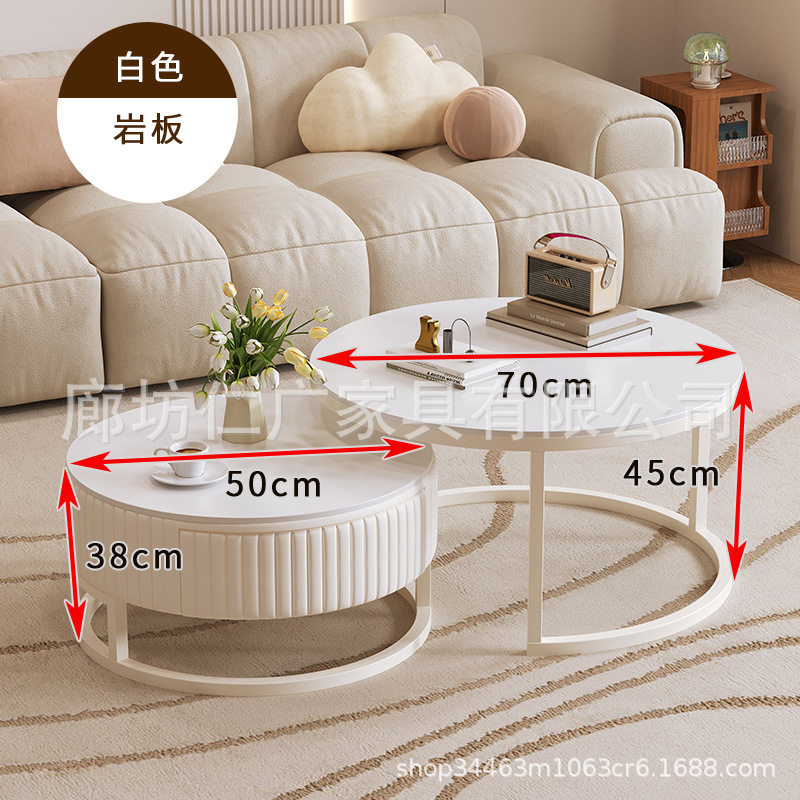 Mesa de centro de pizarra de roca, sala de estar, hogar, apartamento pequeño, mesa de té moderna de lujo ligero, mesa de centro de combinación simple de vidrio redondo de estilo crema
