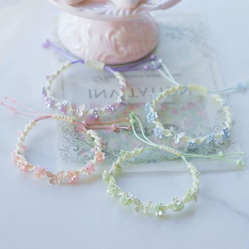 Spring Flower Dopamine Fresh and Sweet Braided Rope Butterfly Trumpet Flower Bracelet Woven Hand Rope Jewelry Fresh and Simple Style