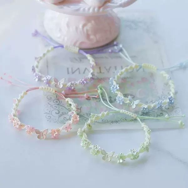 Spring Flower Dopamine Fresh and Sweet Braided Rope Butterfly Trumpet Flower Bracelet Woven Hand Rope Jewelry Fresh and Simple Style