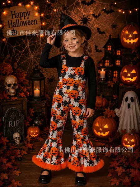 Girls' Halloween Costume Outfit: Plush Overalls with Orange Pumpkin and Black Cat Print Pattern Flared Pants