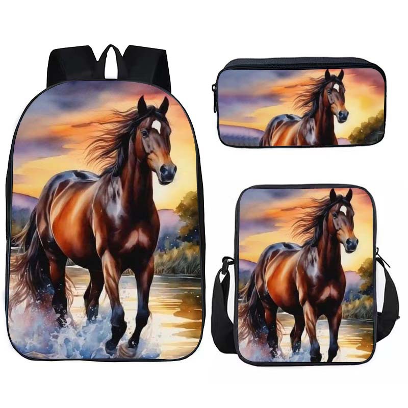 Cross-border new schoolbag suit backpack lunch bag pencil case animal horse pattern school primary school student men and women backpack