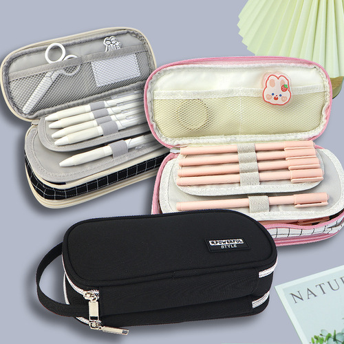 Cross-border Amazon multifunctional creative double zipper pencil bag for middle school students pencil bag portable simple canvas stationery bag