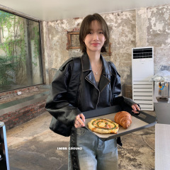 imiss 韩系重工擦色翻领皮衣女2025秋季新款机车服宽松百搭上衣