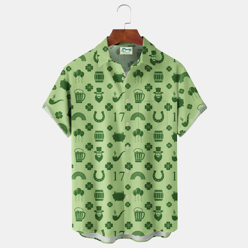 Cross-Border Temu Xiyin Tk Clover Print Short-Sleeved Shirt Men's Summer Casual Lapel Top Factory Wholesale Cross-Border Temu Xiyin Tk Clover Print Short-Sleeved Shirt Men's Summer Casual Lapel Top Factory Wholesale
