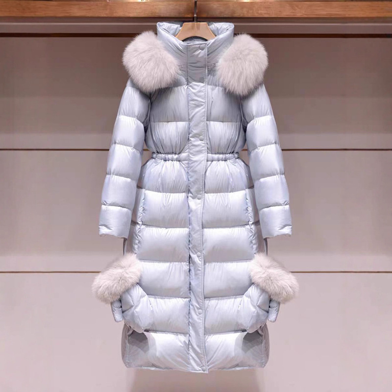 Women's Designer Niche down Jacket 2025 Winter New Mid-Length Fur Collar Blue Hooded Coat