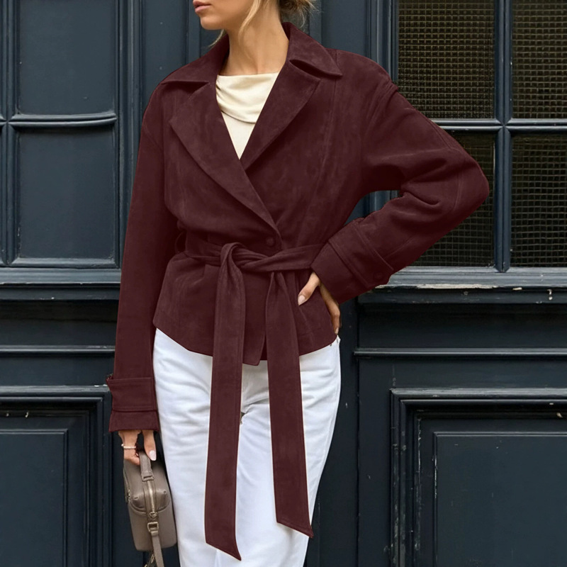 European and American Style Women's Faux Suede Retro Jacket with Lapel and Tie Waist, Overseas Warehouse European and American Style Women's Faux Suede Retro Jacket with Lapel and Tie Waist, Overseas Warehouse