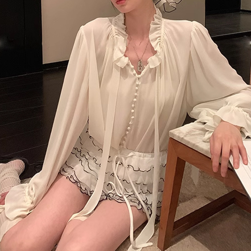 YUEJUXING2025 New [Moonlight First Love] Lace-up Chiffon Shirt Design Niche Long-sleeved Shirt