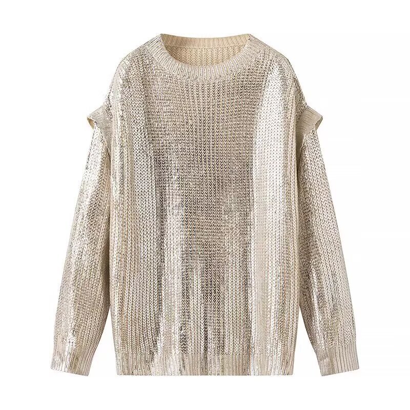 2024 European and American Winter New Style Elegant and Fashionable Round Neck Drop Shoulder Sleeve Metallic Color Pullover Loose Sweater for Women 2311 2024 European and American Winter New Style Elegant and Fashionable Round Neck Drop Shoulder Sleeve Metallic Color Pullover Loose Sweater for Women 2311