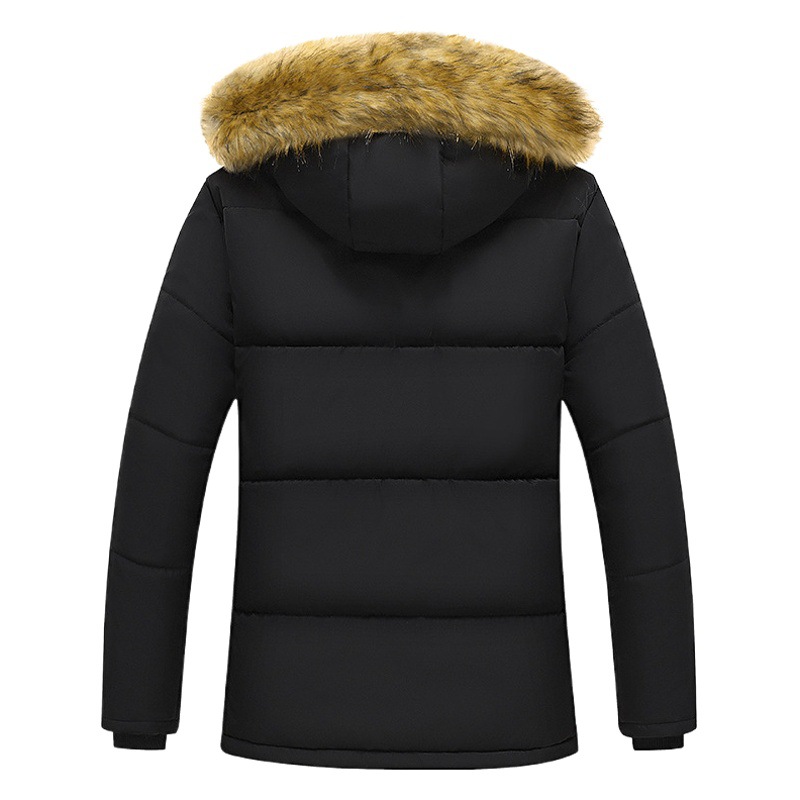 Se puede fijar patrón LOGO hombres de mediana edad forrado de lana engrosado Cuello de piel con capucha traje de algodón