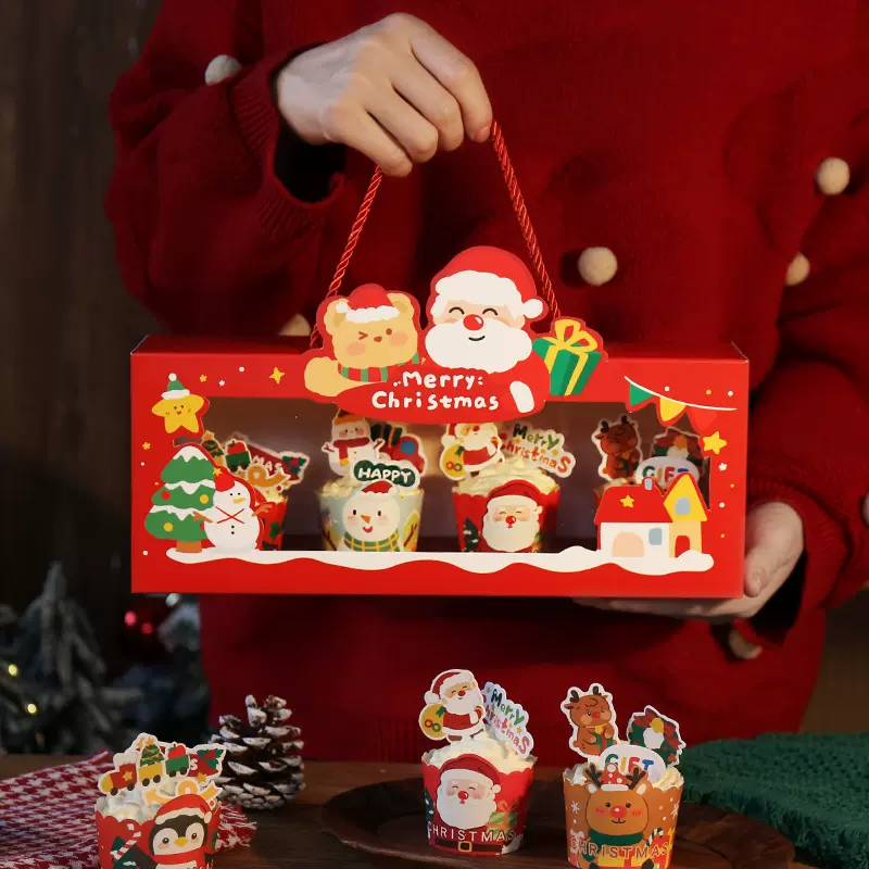 新款圣诞节高档纸杯蛋糕包装盒空盒创意手提礼品盒马芬杯专用盒子
