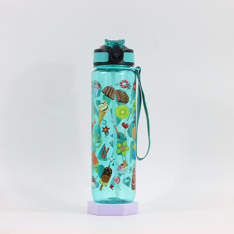 Taza de plástico transparente, 1000ml, tapa de rebote, con escala y pajita, deporte outdoor