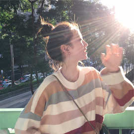 2025秋冬新款针织衫慵懒风外穿彩虹条套头毛衣女宽松韩版洋气女
