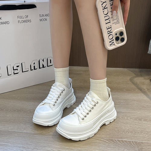 Spring and Autumn new style canvas shoes for female students, fashionable sneakers, casual white shoes, low-top thick-soled couple models, men's shoes, foreign trade