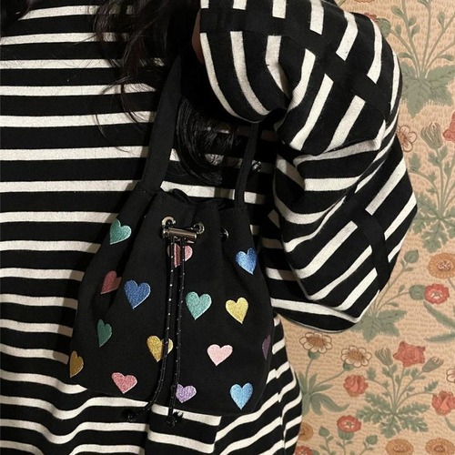 Korean embroidered love strap pink handbag for women 2024 spring and summer new style shoulder crossbody mini bucket bag