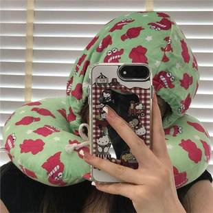 Ins Cute Crayon Shin-Chan Hooded U-Shaped Pillow Hat Adjustable Elastic Travel Airplane Neck Pillow Sleeping Pillow