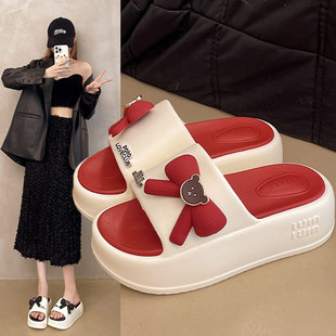 2025 Summer New Sandals and Slippers Women's Fashionable Thick Bottom Bear Bow Home Indoor Non-slip Cute Outer Wear