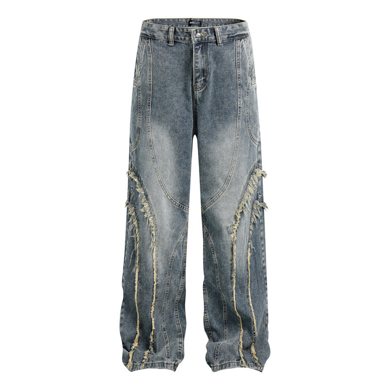 Trendy High Street Heavy-Duty Patchwork Raw Hem Ripped Design Men's Street Loose Retro Wide-Leg Jeans