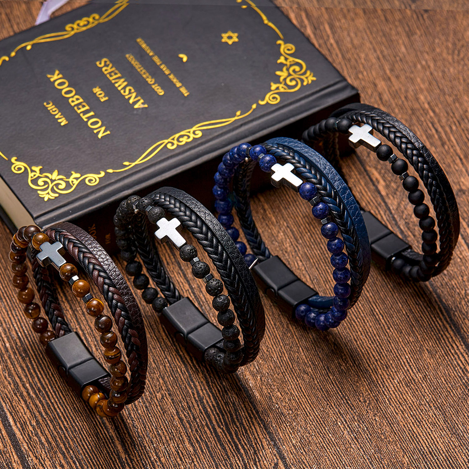Cross-border hot vintage men's multi-layer hand-woven bracelet natural stone leather men's bracelet leather beaded bracelet