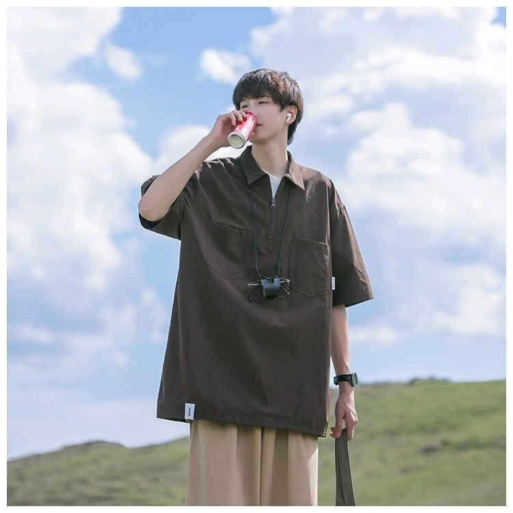 Men's New Style Shirts for Spring and Summer, Japanese Style Half-Zip Short-Sleeved Shirts, Trendy Retro Workwear Men's Shirts