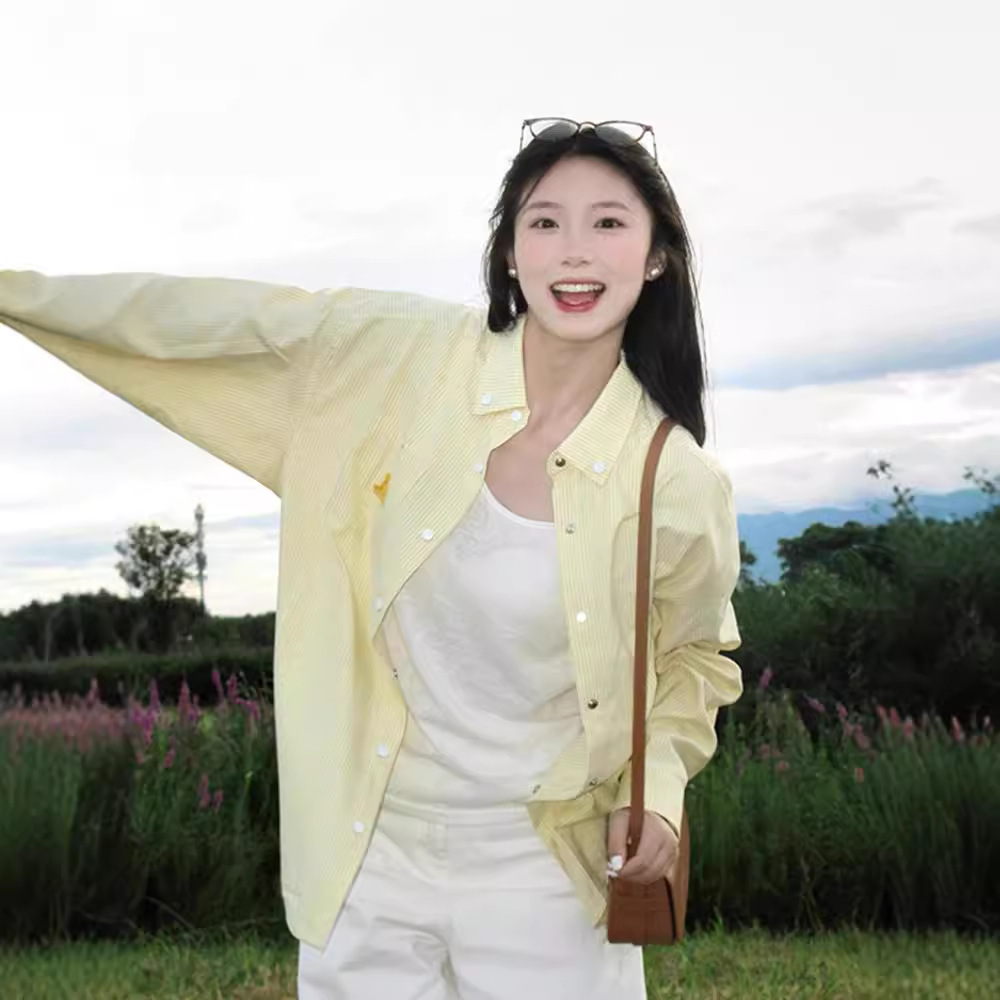 American Retro Lazy Striped Polo Collar Shirt Coat Women's Spring and Autumn Loose Cardigan Dopamine Spice Top