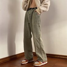 2025秋季黄泥色牛仔裤男童装宽松阔腿裤复古水洗做旧直筒拖地长裤