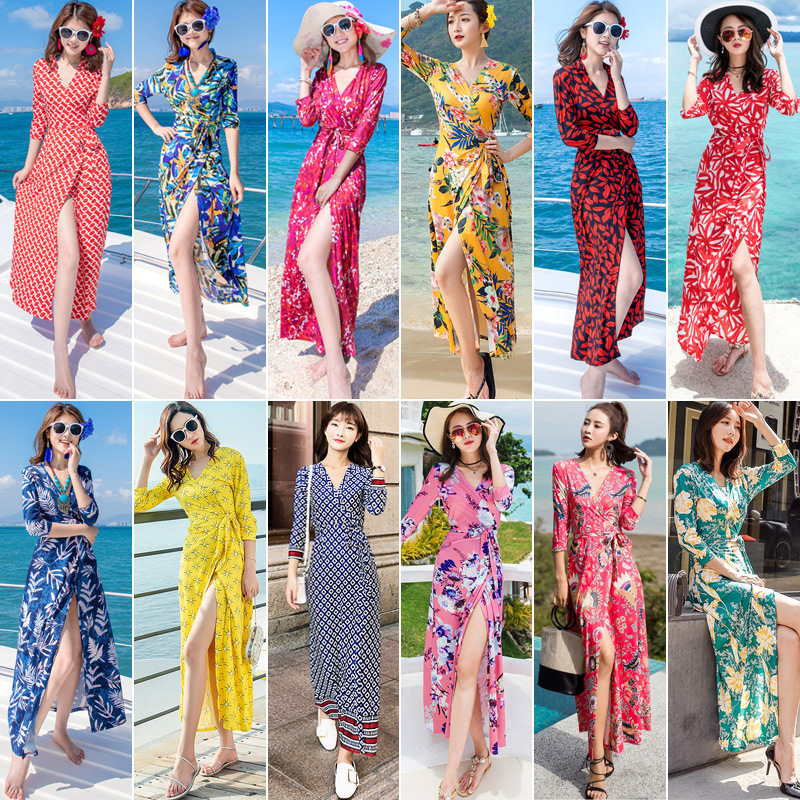 Beach Dress for Women Summer 2026 Seaside Vacation Long Dress Cardigan V-Neck Dress Bohemian Wrap Dress Fairy