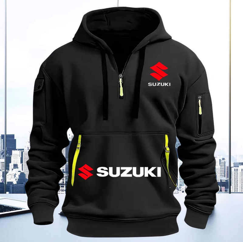 Heavy-Duty Suzuki Printed Half-Zip Sweatshirt with Multiple Pockets, Tactical Workwear Style, Trendy Couple's Jacket for Spring and Autumn Heavy-Duty Suzuki Printed Half-Zip Sweatshirt with Multiple Pockets, Tactical Workwear Style, Trendy Couple's Jacket for Spring and Autumn