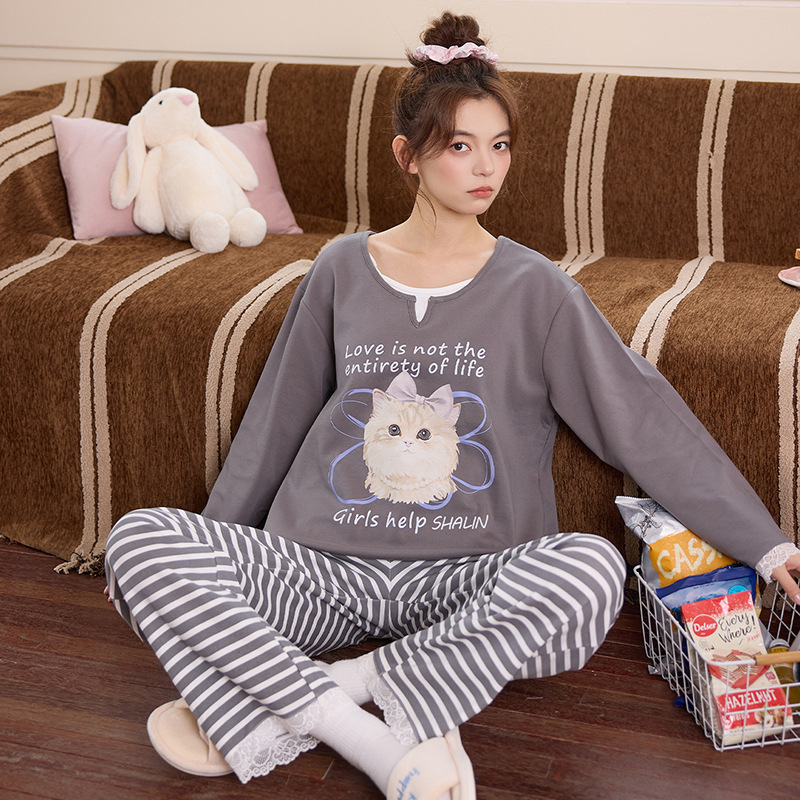 纯棉睡衣女款2025新款长袖长裤爽棉卡通可爱猫咪家居服套装带胸垫|undefined