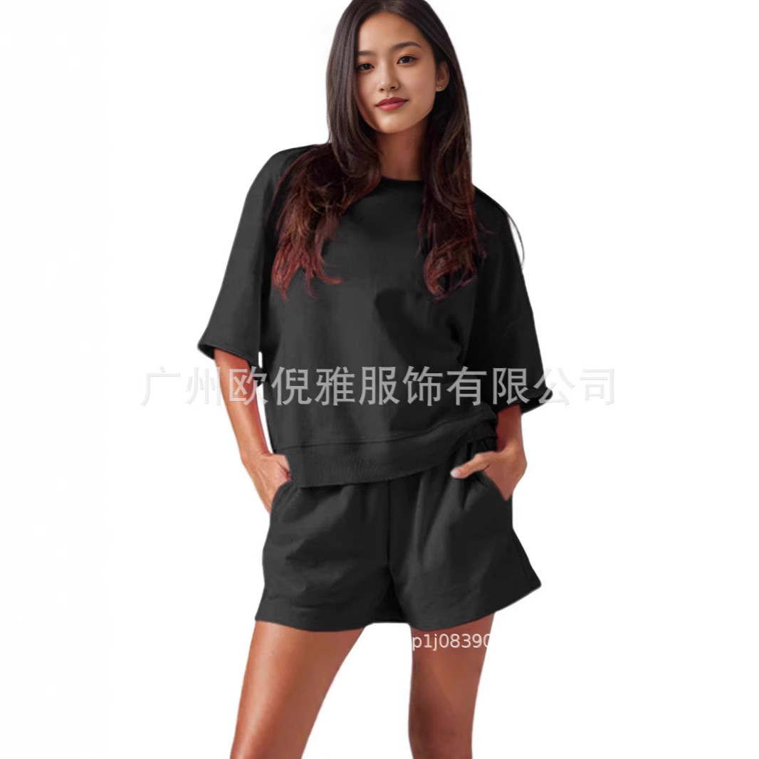 2025 Amazon Explosions Cross-border Women's Solid Color Round Neck T-shirt Short Sleeve Shorts Casual Sports suit