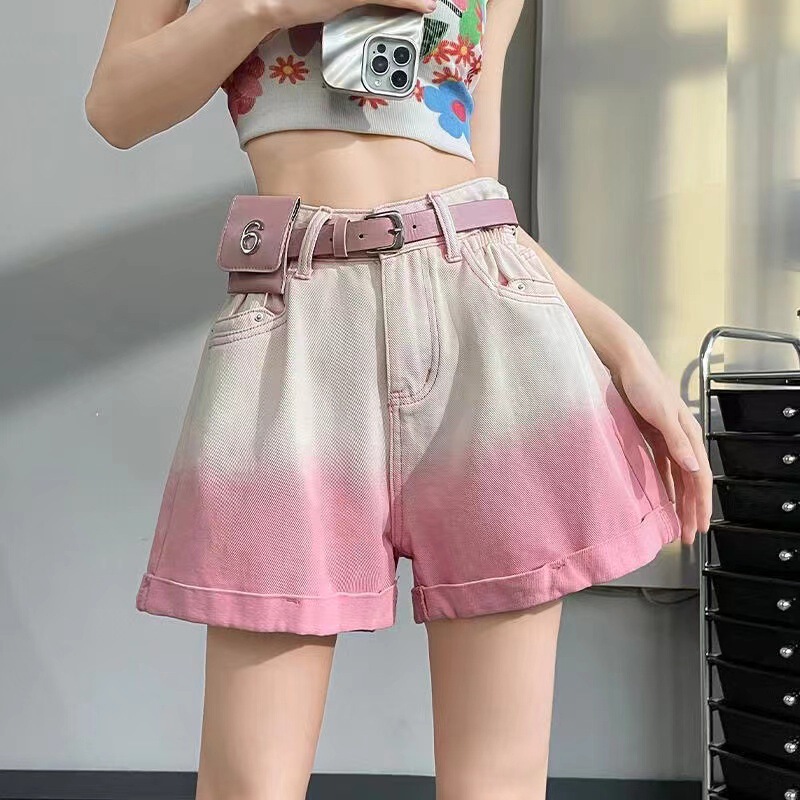 Gradient Curl Wide Leg Denim Shorts Women's Summer 2024 New Slimming Design Sense Loose Wide Leg Hot Pants