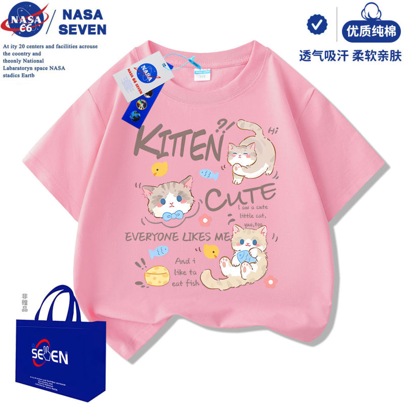 NASA 共同ブランド子供用純綿 Tシャツ夏の新しい漫画猫半袖女の子かわいいドーパミントップス|undefined